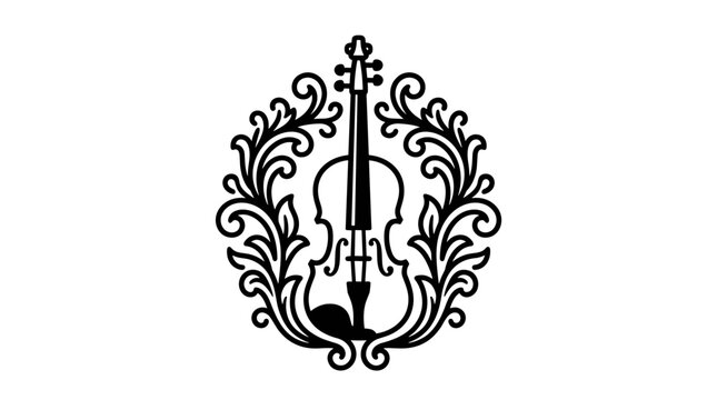 Isolated black linework violin silhouette framed with ornamental scrollwork, classic musical instrument emblem for music, orchestra, or performance concepts