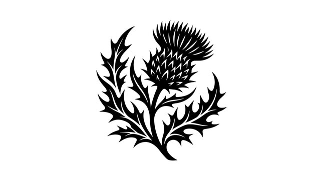 Isolated black thistle flower silhouette with spiky leaves, a classic botanical motif for decorative elements, national symbols, and heritage designs