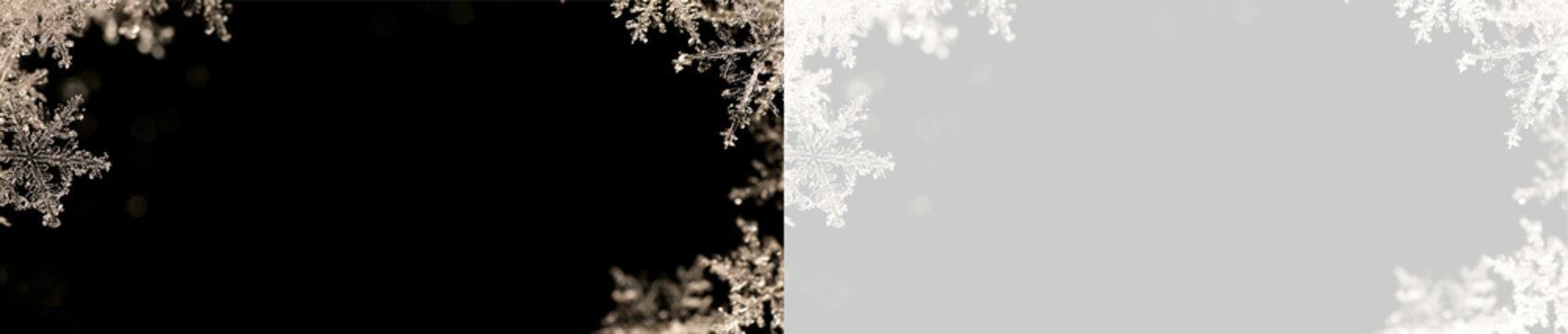 Golden glowing snowflake frame overlay on transparent background. Festive winter ice crystal border design element for Christmas holiday decoration.