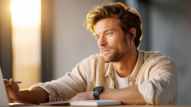 Relaxed man working remotely with headphones in sunlit room, holding pen