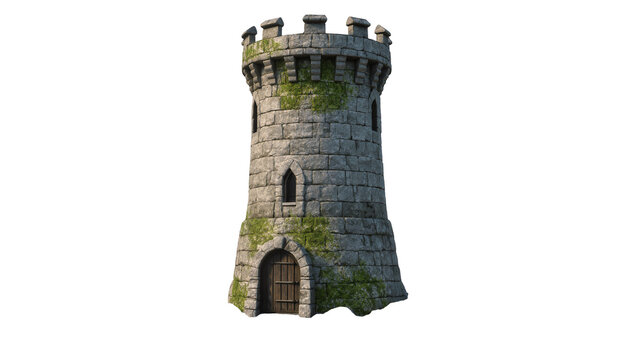 Ancient stone castle tower with wooden door and moss, isolated on transparent background