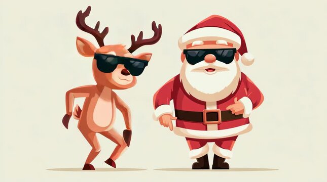 cool santa and deer with sunglasses dancing in a festive winter scene illustrated animation