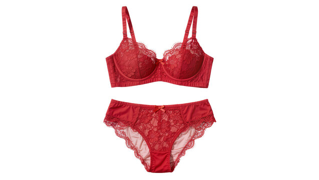 Red lace bra and matching panties set, isolated on transparent background