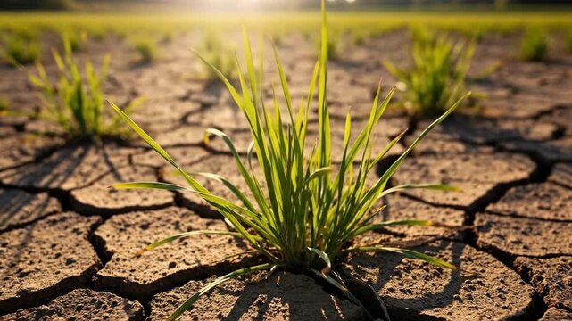 Vibrant green grass sprouts from dry, cracked earth under a hopeful sun.