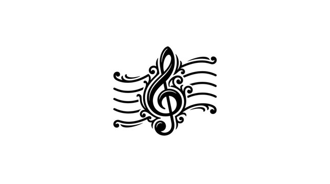 Isolated treble clef ornament on decorative staff lines, old school engraving vector style, solid black shapes, plain white background, no gradient