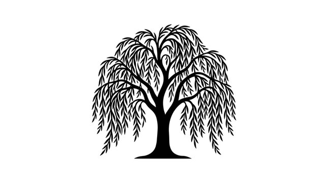 Isolated weeping willow tree silhouette, detailed flowing branches, black vector graphic on plain white background, natural elegance, no gradients