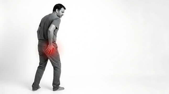 Young man experiencing lower back pain holding his back with a red highlighted area indicating discomfort
