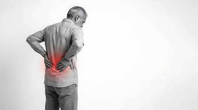 Elderly man experiencing lower back pain symptoms with red highlighted area on his lower back