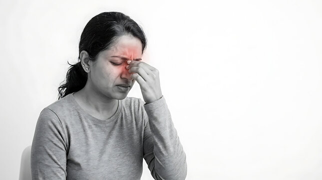 Woman experiencing headache or stress with pinching nose and closed eyes in monochrome portrait