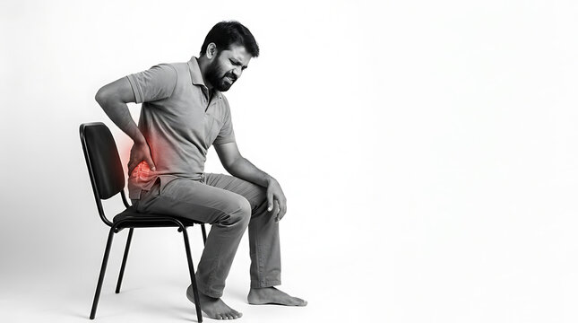 Man experiencing lower back pain while sitting on chair highlighting discomfort in the lumbar region