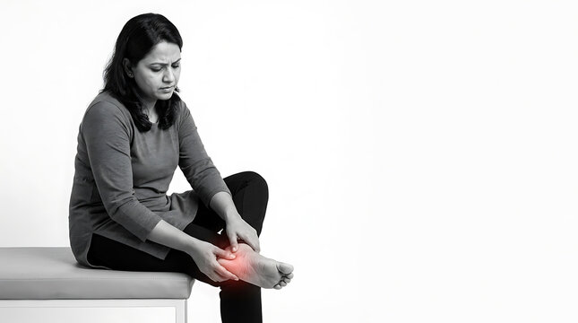 Woman experiencing foot pain or discomfort while sitting on a bench, isolated in a monochrome setting emphasizing health and