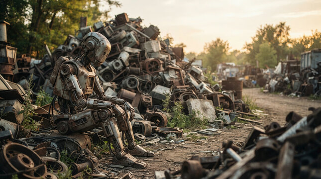 Rusted metal robot sculpture seated on a scrap heap under a hazy evening sky