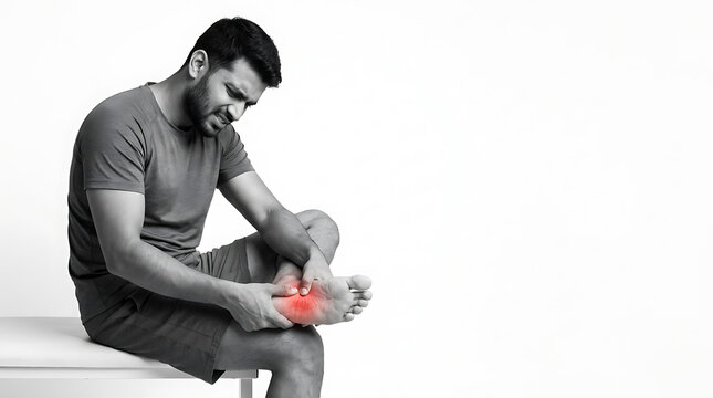 Skilled man experiencing foot pain while holding ankle in discomfort on a bright white background