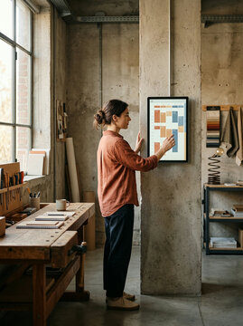 Young designer touching a large interactive screen in a concrete workshop studio