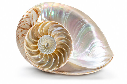 Nautilus shell cutaway revealing a beautiful spiral chamber structure and iridescent interior, isolated on white