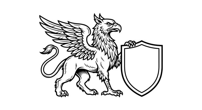 Vintage vector heraldic griffin emblem with shield, mythological creature in solid black ink on a plain white backdrop, classic illustration