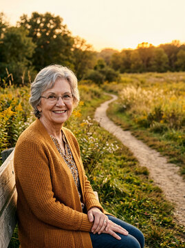 Senior woman on a rustic fence in a wildflower field at a golden sunset