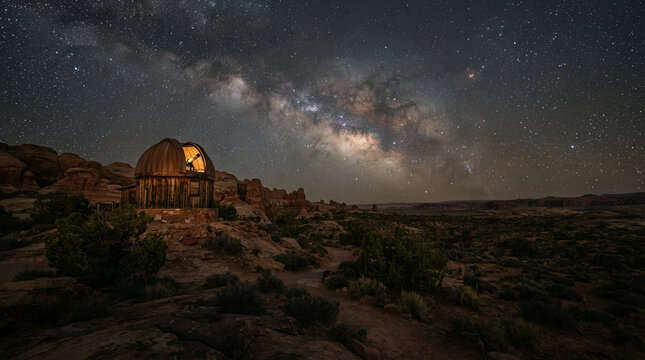 Domed observatory on a desert outcrop beneath a pale Milky Way at night