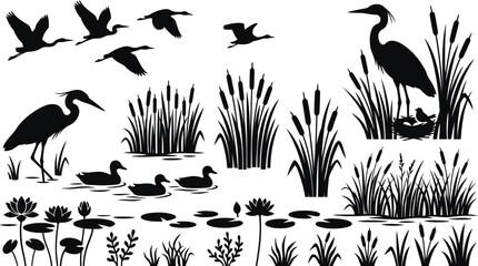 Fototapeta premium Black Wetland Landscape with Flying Birds Herons Reeds and Water
