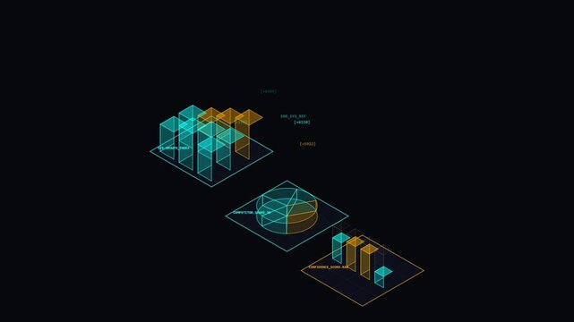 Futuristic 3D holographic business data charts and financial analytics graphs glowing in dark space