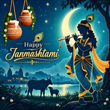 Lord Krishna playing flute under crescent moon during Janmashtami festival with cows and temple in background