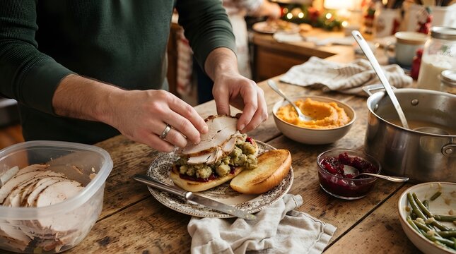 Person preparing a turkey sandwich with stuffing and cranberry sauce in a rustic kitchen setting