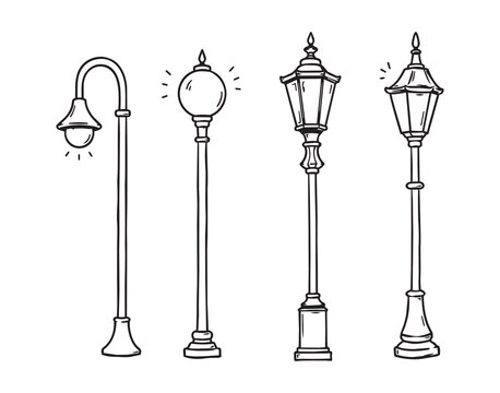 Hand drawn outline illustration set showing four decorative street lamps in doodle sketch style, featuring curved gooseneck lamp, round globe post, classic lantern post, ornate vintage lamp with