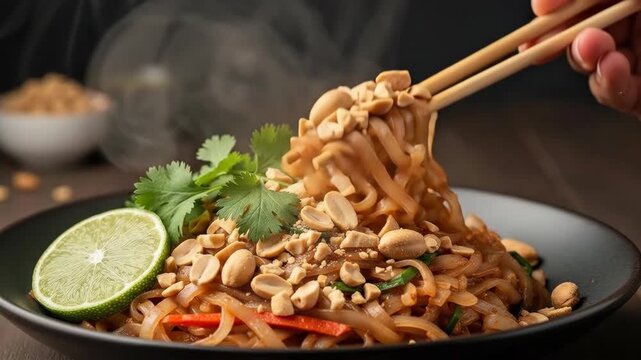 Steaming hot Pad Thai noodles with peanuts, cilantro, and lime, ready to eat.