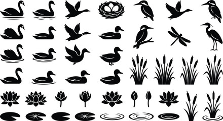 Obraz premium Black White Wetland Wildlife Silhouette Set with Birds Plants and Water