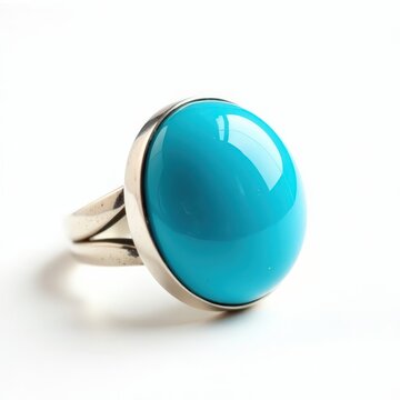 Turquoise cabochon ring in simple silver setting with vibrant blue gemstone on white background, elegant minimalist jewelry design