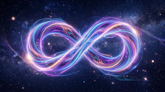 Luminous infinity symbol with neon light trails swirling in a starry cosmic background