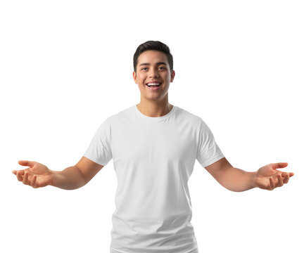 Smiling Man Presenting Round-Neck T-Shirt on White Background