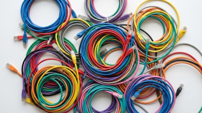A high-angle view of various coiled ethernet cables lying in a tangled pile, representing an unplugged setup with vibrant colors, chaotic arrangement, and visible connectors