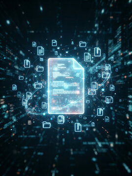 Glowing digital document icon connected to file icons in a dark network