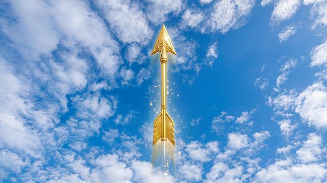 Golden arrow moving up into a blue sky with white clouds, symbolizing ambition and success