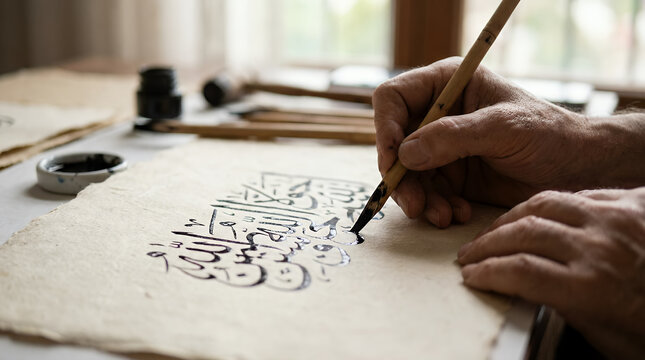 Artist hands writing Arabic calligraphy on parchment paper.