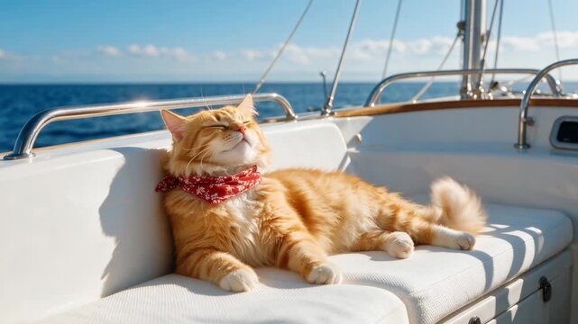 Cute ginger cat with a red bandana sunbathing on a white sailing boat at sea