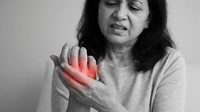 Woman Experiencing Heart Pain or Discomfort holding her chest with a distressed expression in a grayscale video