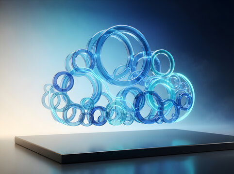 Abstract cloud computed from glowing glass circles resting on sleek dark platform with vibrant blue illumination for storage.