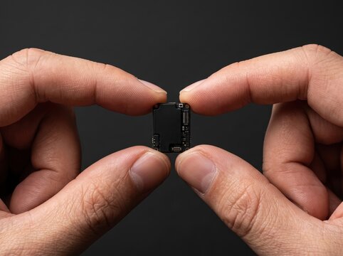 Hands Holding a Small Electronic Circuit Board Against a Black Background for Technology Concept