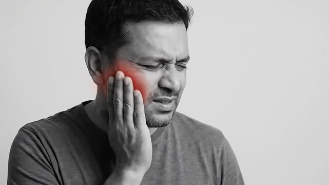 Sequence of Images Showing a Man Experiencing Severe Toothache with Facial Expressions of Discomfort and Pain