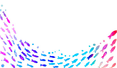 Obraz premium Watercolor underwater fish frame, transparent PNG, tropical ocean border with seaweed, marine life background, copy space / 水彩 海中 魚 フレーム 透過PNG 熱帯魚 海藻 海 洋風 背景素材 コピースペース 魚の群れ