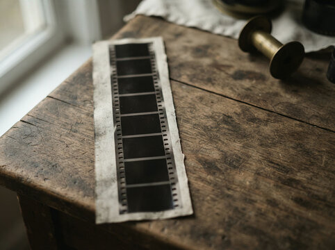 Strip of film negative laid flat on a weathered wooden table by a window