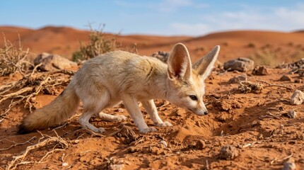 Fototapeta premium Desert Dweller: A Fennec Fox with its distinctive oversized ears ventures across the sandy terrain of a desert landscape, its small form dwarfed by the vast, arid expanse.