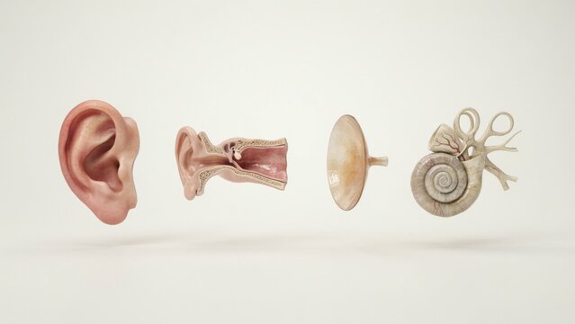 Human Ear Anatomy Illustration, Detailed Cross-Section Diagram. Medical Science Concept