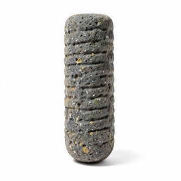 Grooved basalt pestle from mesolithic era with textured surface isolated on white background archaeological artifact tool