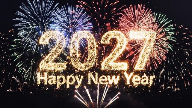 Sparkling 2027 text with festive fireworks exploding in night sky for celebration concept