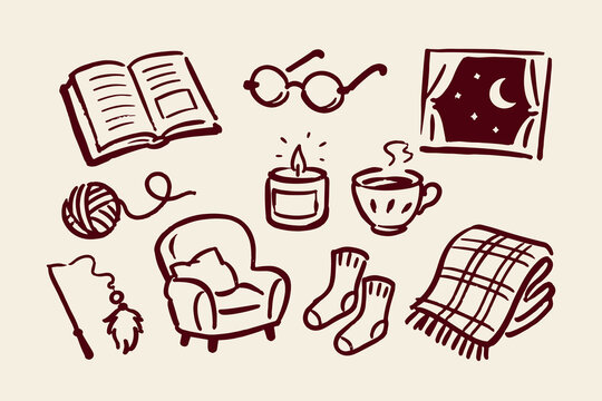 Cozy Night Home Hand Drawn Doodle Set