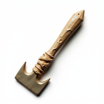 Prehistoric quartzite chopper tool isolated on white background, rugged unrefined primitive hand axe artifact stone age archaeology