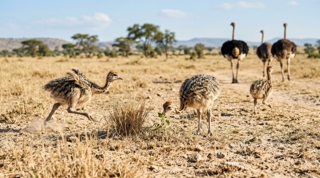 Ostrich Family in Savannah: A proud ostrich family, including adults and young chicks, roams freely across a sun-drenched savannah landscape, their long necks reaching towards the arid vegetation.